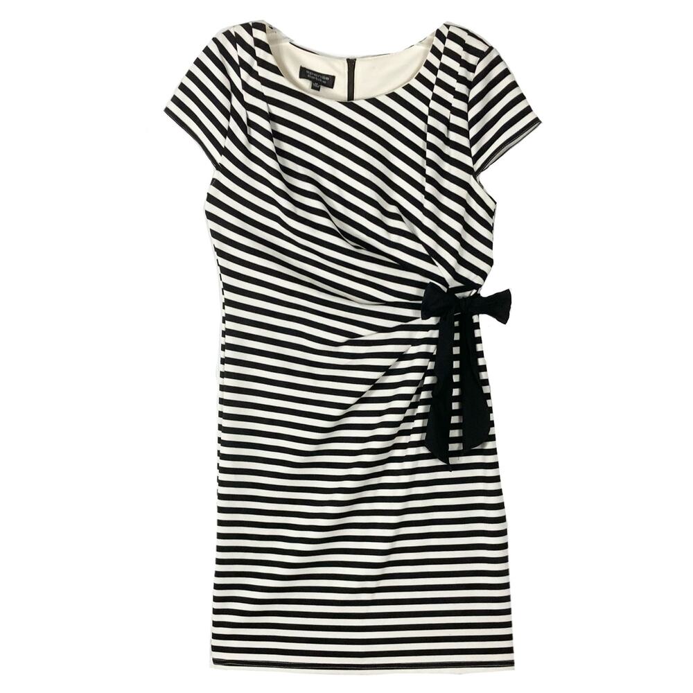 NWOT SPENSE Dress 6P Striped Bow Pleated Short Sleeve Black White Knee Stretch